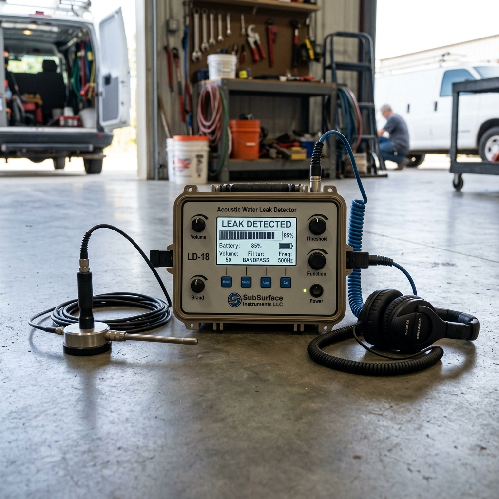 Plumber monitoring high-definition video sewer camera inspection of under-slab drain line