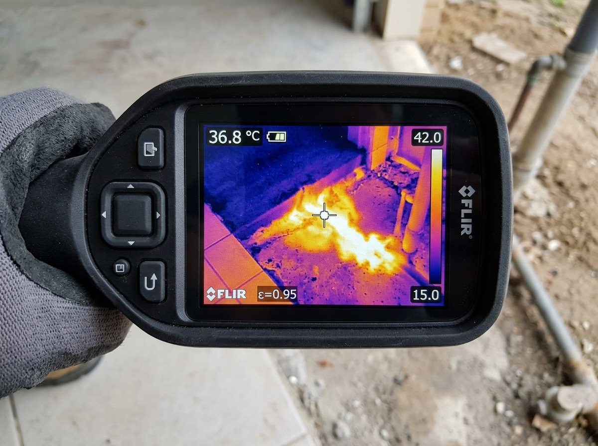 Thermal imaging view of warm spot on floor indicating hot water slab leak