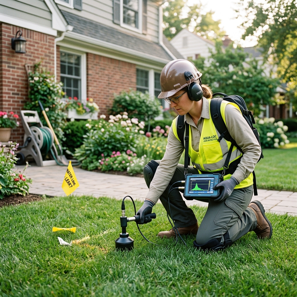 Technician using electronic moisture meters and acoustic sensors to find hidden water leak
